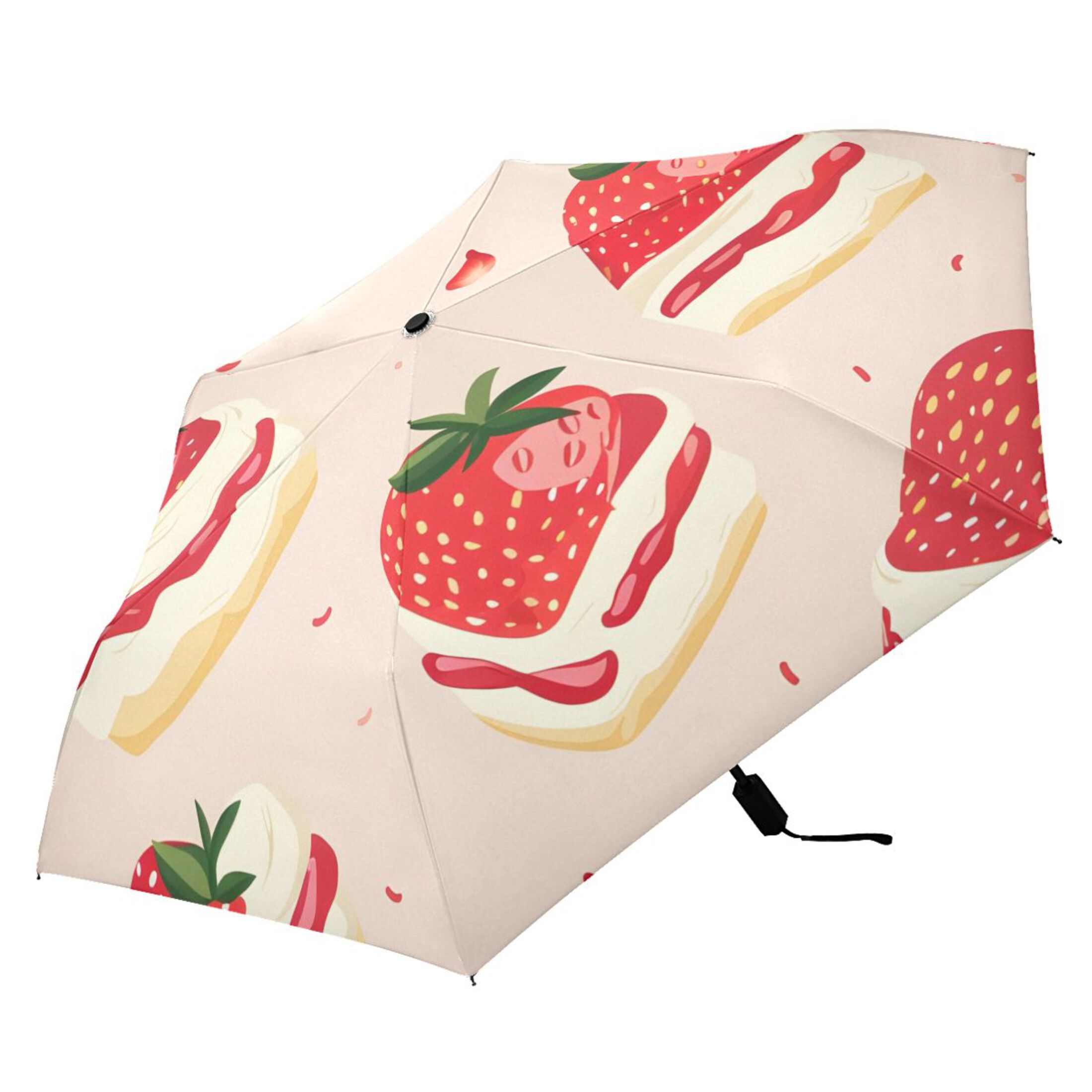 Cute Strawberry Cakes Cartoon All Weather Umbrella Triple Folding Parasol 6 Ribs UV Protection Portable