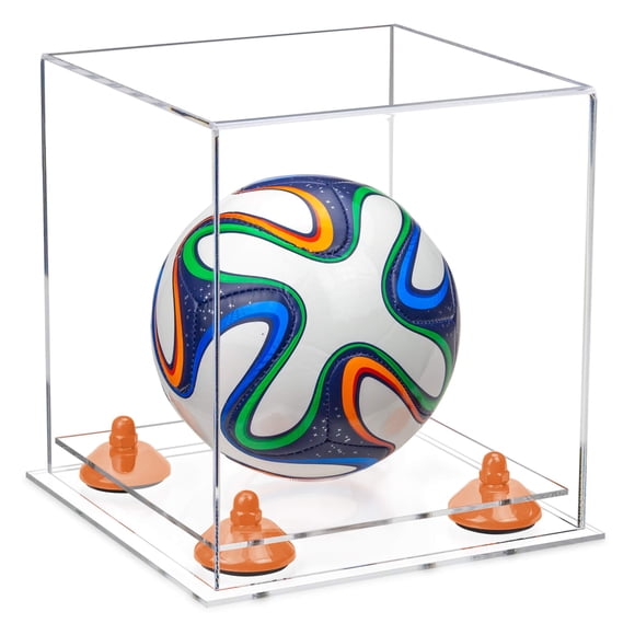 Better Display Cases Clear Acrylic Mini - Miniature (not Full Size) Soccer Ball Display Case with Clear Case, Orange Risers and Clear Base (A015-OR)