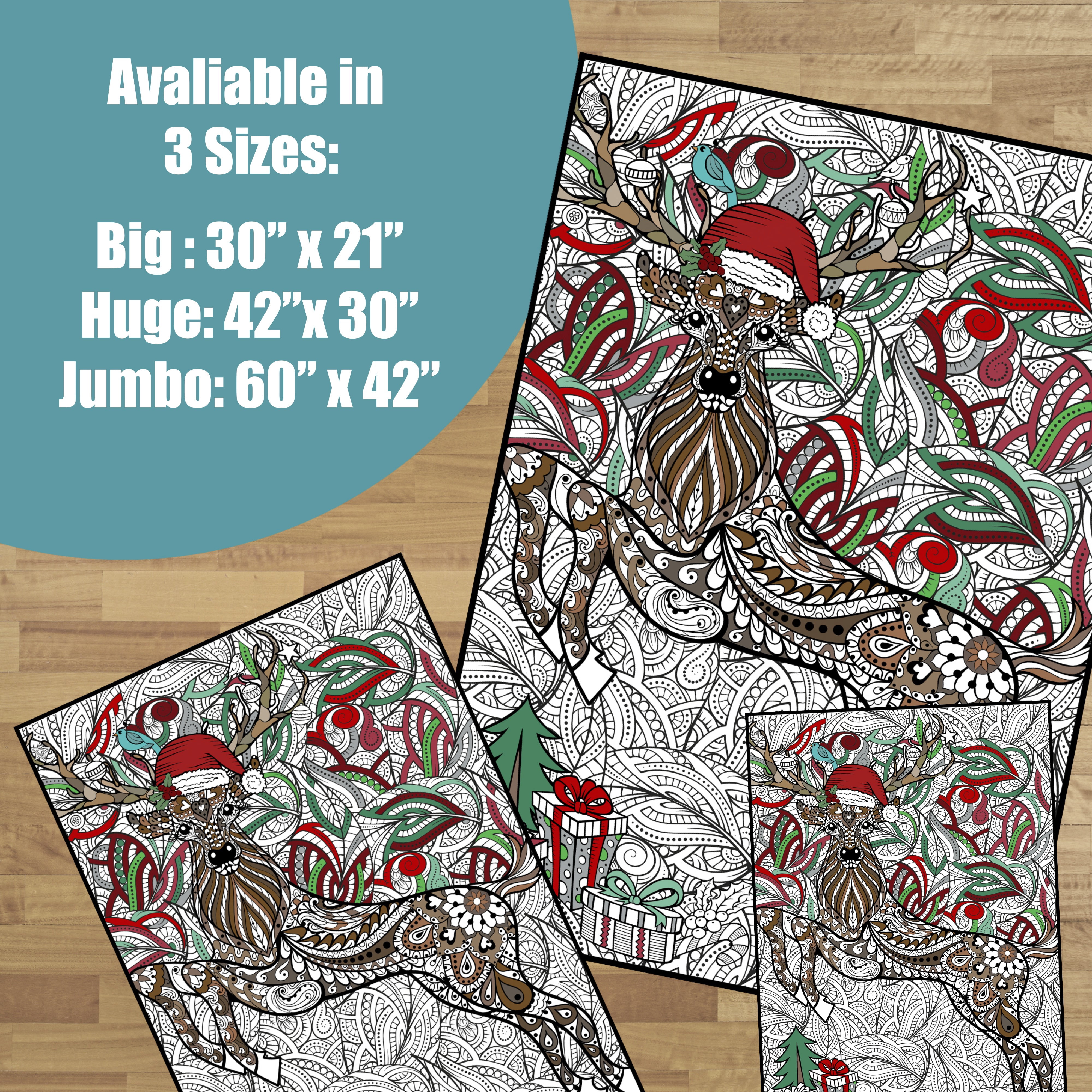 Giant Coloring Poster - Premium Jumbo Coloring Sheets for Kids & Adults with Thick Bleed-Resistant Pages, Use on Floor, Wall, or Table, Use with Alcohol Based Markers (30” x 42”, Christmas Deer)