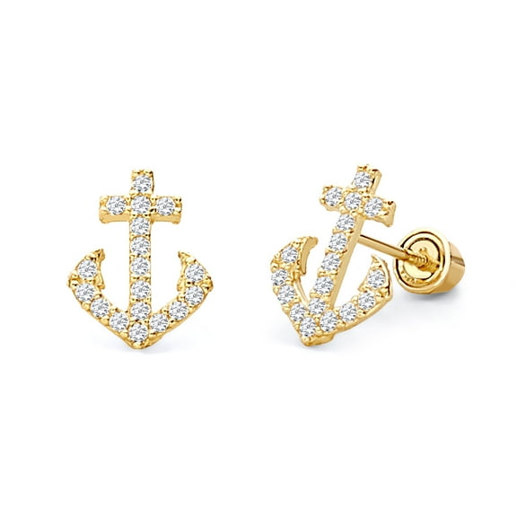 Wellingsale 14K Yellow Gold Polished Anchor Stud Earrings With Screw Back