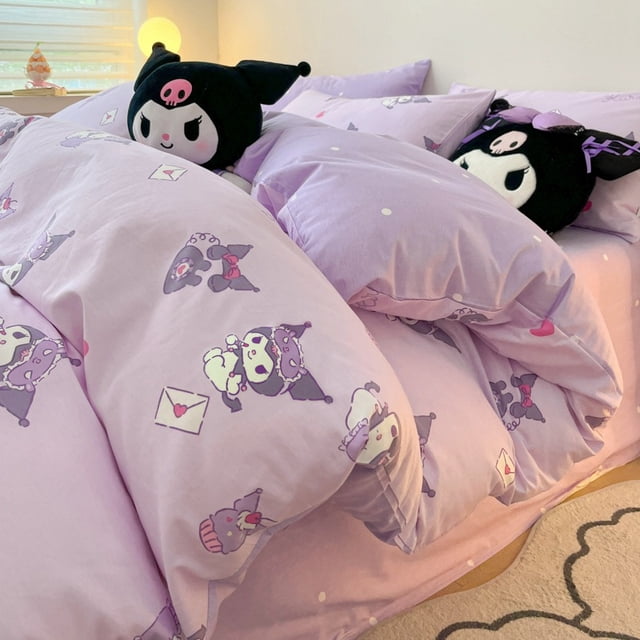 Miniso Sanrio Hello Kitty Kuromi Cinnamoroll algodón puro de tres piezas sábana de cama de dibujos animados funda de edredón funda de almohada ropa de cama para dormitorio