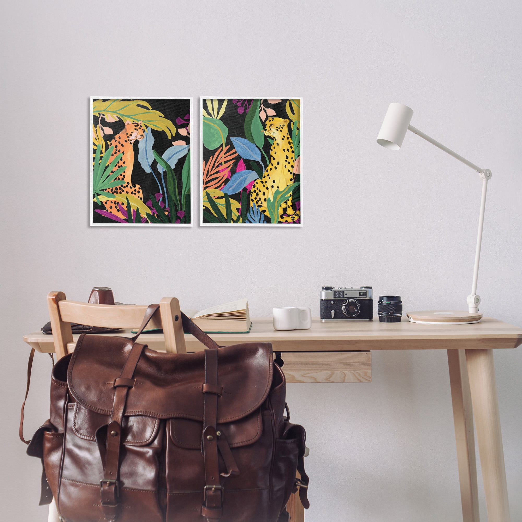 Stupell Industries Leopards & Tropical Leaves Animals & Insects Painting White Framed Art Print Wall Art, 11 x 14, Set of 2