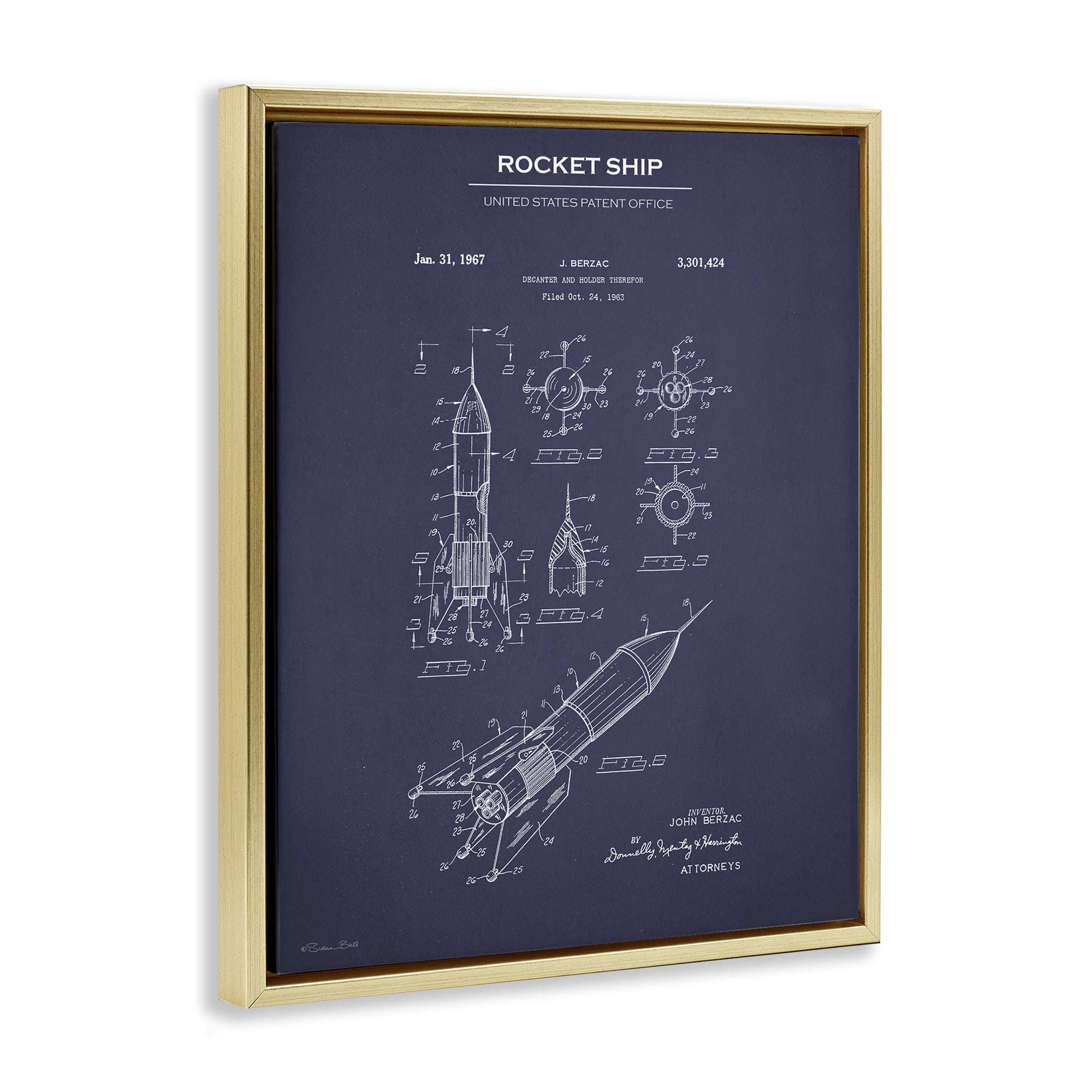 Stupell Industries Rocket Ship Blueprint Transportation Painting Gold Floater Framed Art Print Wall Art, 17 x 21