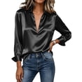 thumbnail image 4 of Qgtaibl Women's Satin Work Blouse Collar V Neck Long Sleeve Casual Business Shirts Solid Color Loose Fit Comfy Dressy Tops Black XL, 4 of 9