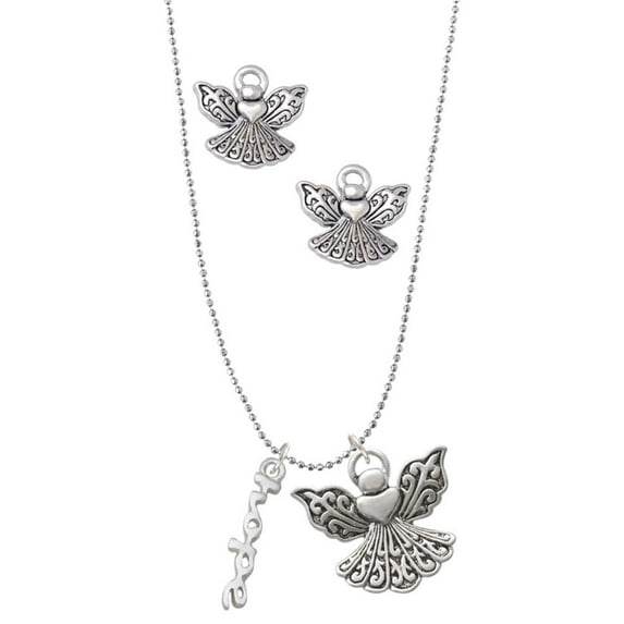 Delight Jewelry Silvertone Small hope Script Silver tone Guardian Angel Charm Necklace and Stud Earrings