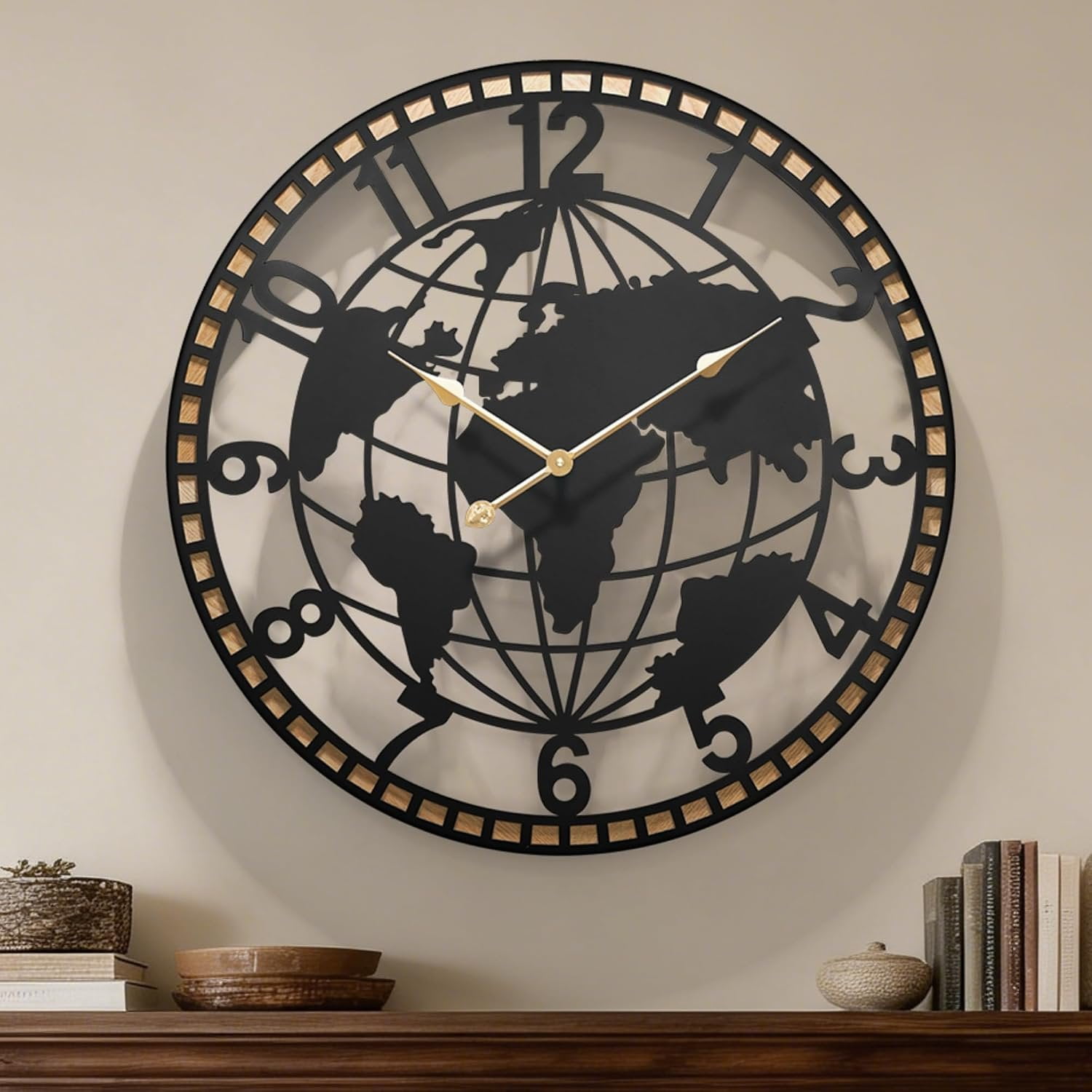 Large World Map Wall Clock 24 Inch,Non-Ticking Metal Decorative Wall Clock, Silent Operated Wall Clock for Living Room, Office,Kitchen & Dining Room Wall Decor
