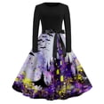 thumbnail image 2 of Women's Halloween Dress Skeleton Bat Crew Neck 1950s Cocktail Classic Tea Length Dress Long Sleeve Hepburn Fall Cute Dresses with Belt M, 2 of 6