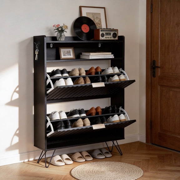 Ktaxon Fluted Shoe Cabinet with 2 Flip Drawers, Wood Shoe for Entryway, Black