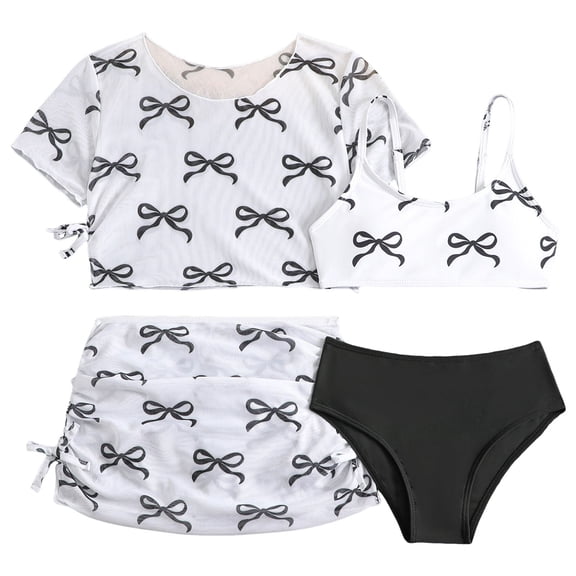 Wxirdiow Toddler Swimsuit Girl's 3 Piece Bikini Set Tank Tops with High Waisted Panties and Cover Up Mini Skirt Swimsuits White Size,11-12 Years