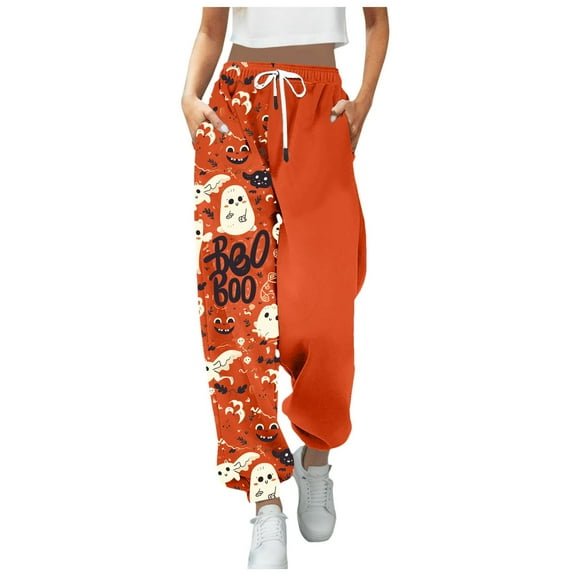 YDFCWXW Halloween Sweatpants for Women Baggy High Waisted Jogger Ghost Cartoon Graphic Sweat Pants with Pockets Red, XXL