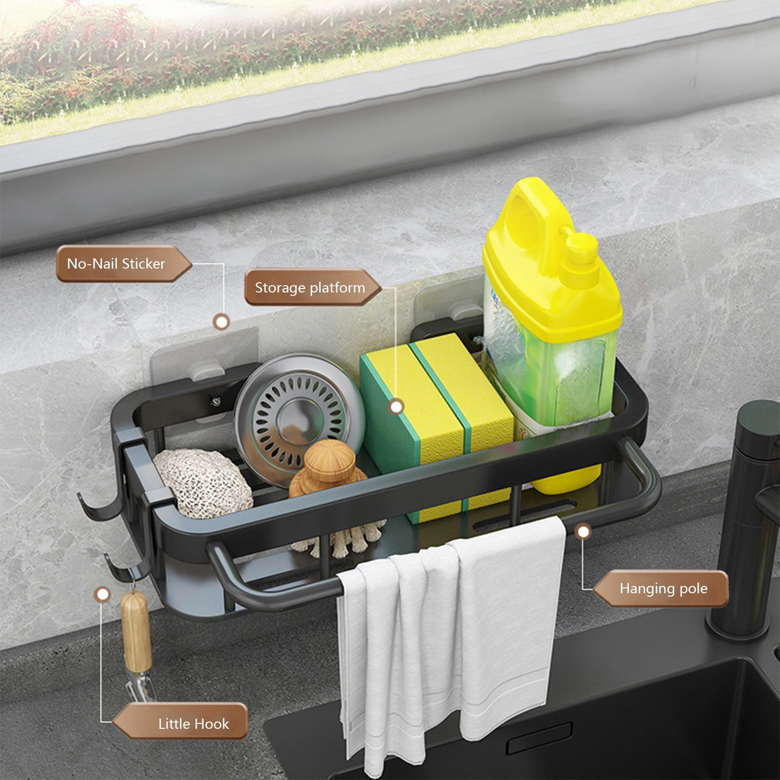 Donemore Stainless Steel Wall Mounted Kitchen Storage Rack with Spice Organizer and Drain Basket, No Drilling Required Space-Saving Tool for Sink Countertop (30x13.5x6cm)