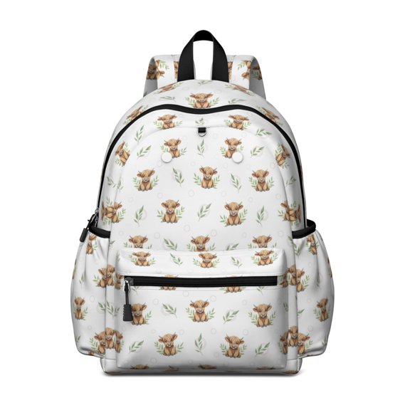 Highland Cow and Leaf Print Cute School Backpack with Padded Back and Adjustable Shoulder Straps 13.4"x11"x4.7"