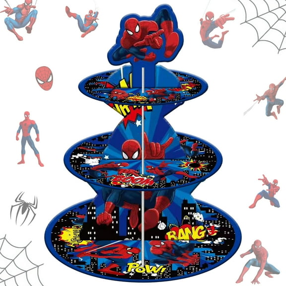 3 Tier Spider Hero Cupcake Stand, Spidey Party Cardboard Cupcake Tower Dessert Cup Cake Stand Tower for Birthday Party Decoration Supplies