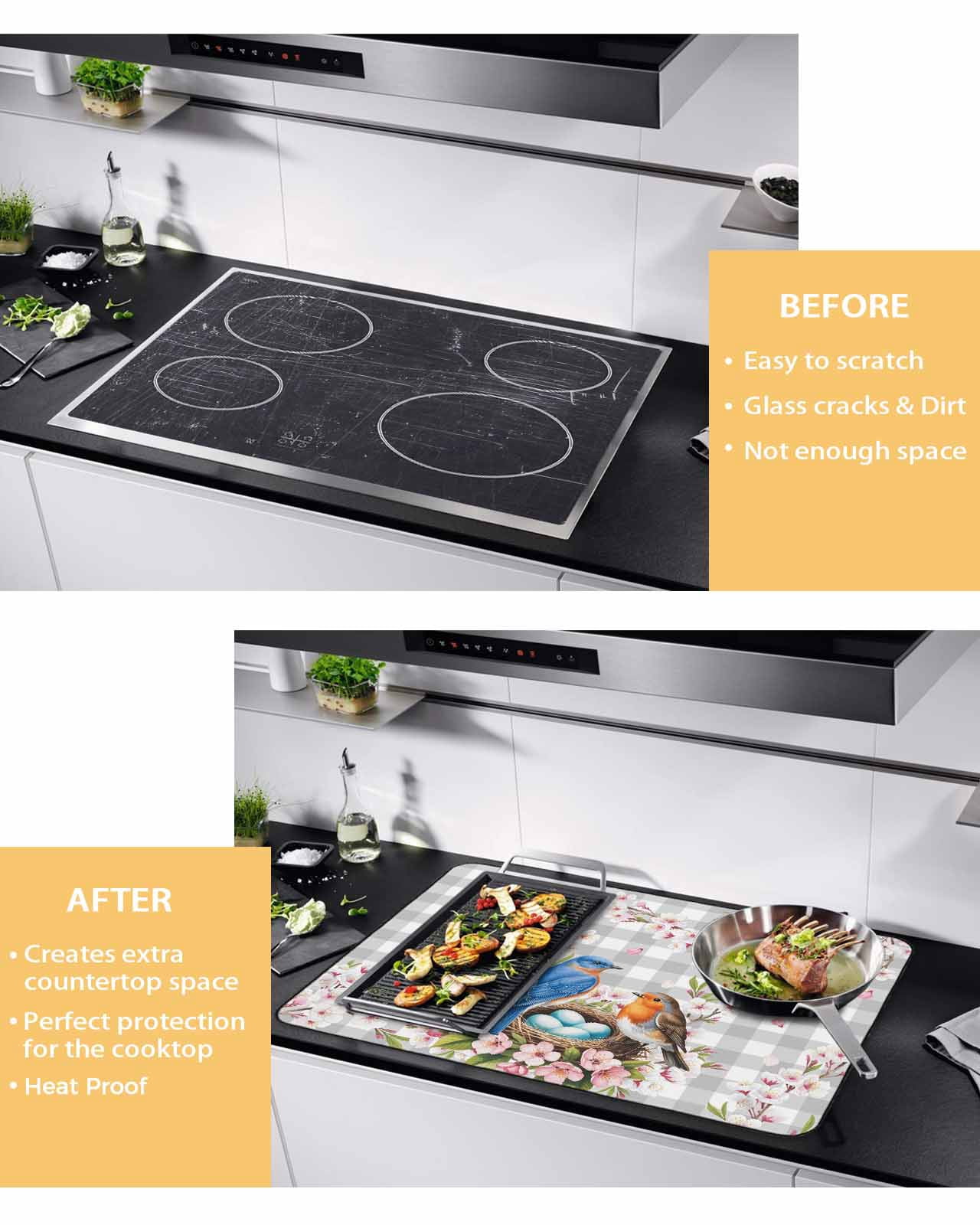 Large Induction Cooktop Protector Mat Birds Floral Stove Top Covers for Electric Stove, Farmhouse Country Pink Flower Leaf Grey Plaid Decorative Stove Burner Cover Mats, Glass Top Stove Cover