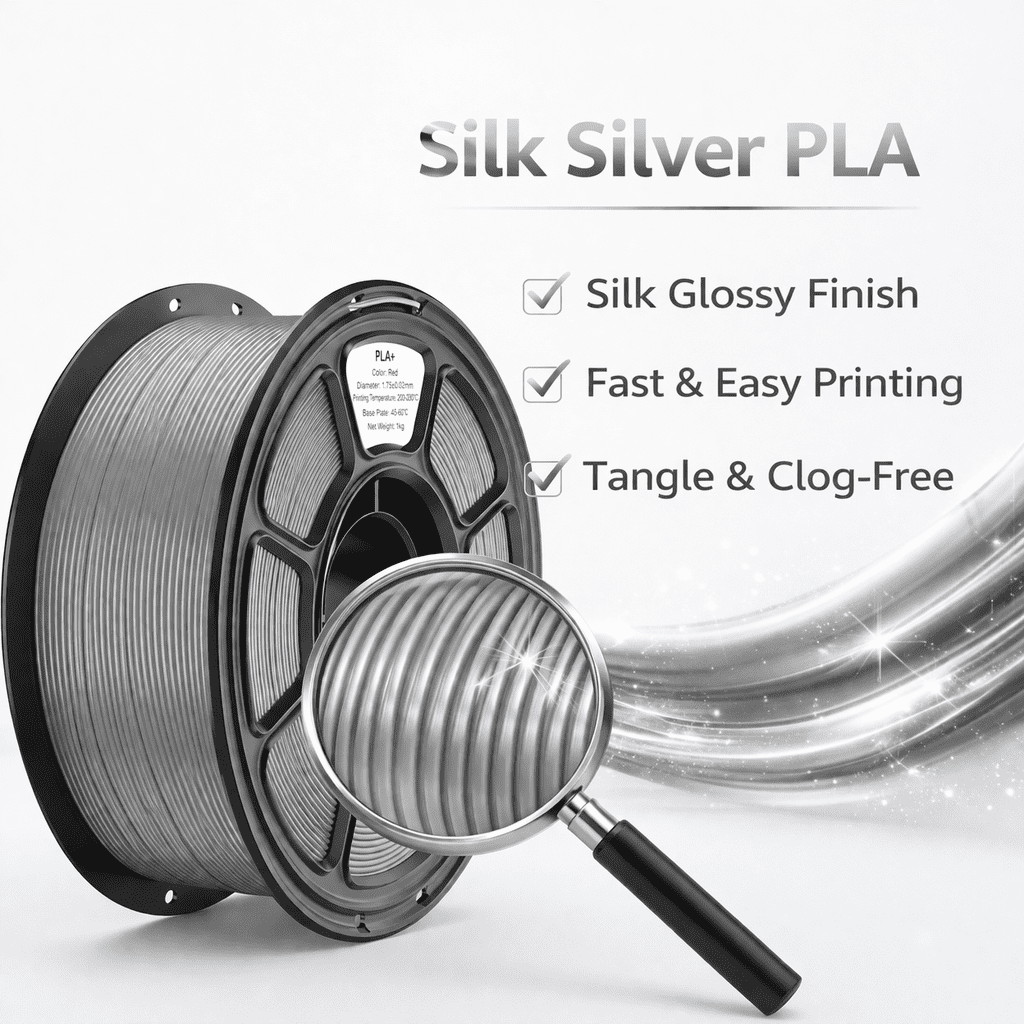 Silk PLA 3D Printer Filament, 3D Printer Filament Bundle 1.1KG 1.75mm, High-speed Printing, Neatly Arranged Lines, for Most FDM 3D Printer Bright Silver