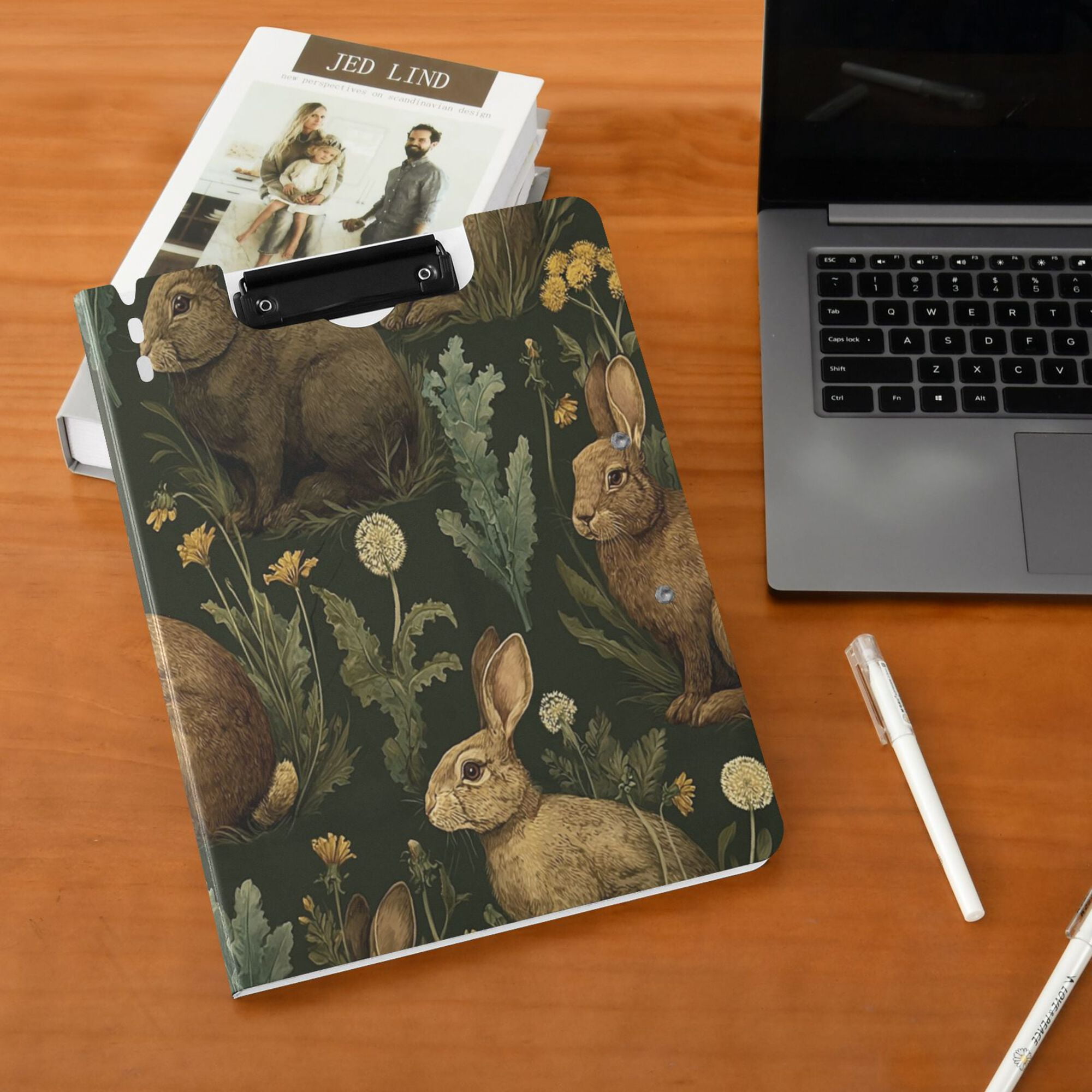 FORMRS A4 Clipboard Folder with Pen Holder Horizontal Foldable School Office Binder, Brown Floral Rabbits Pattern