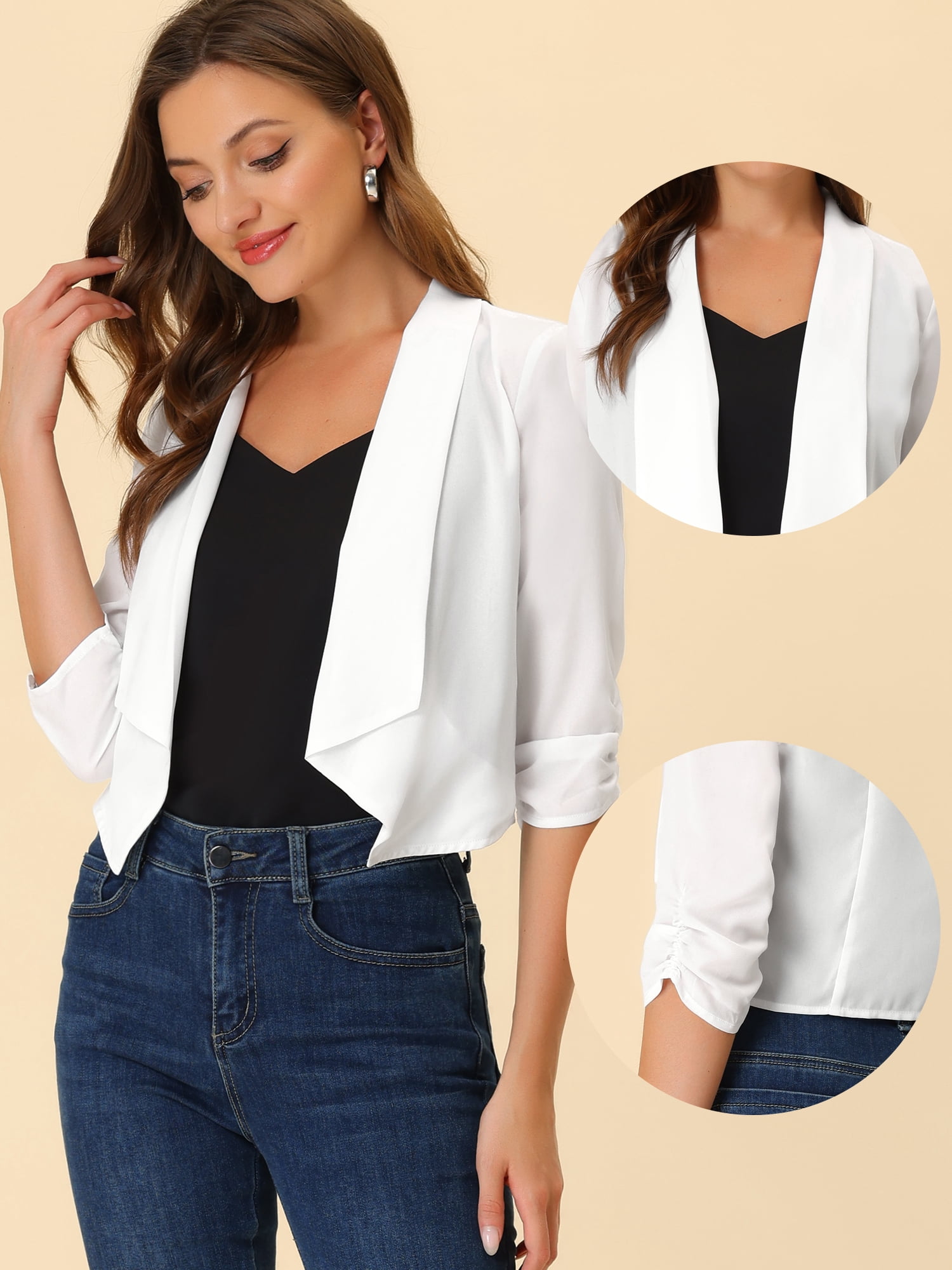 Unique Bargains Women's Chiffon Bolero Shrug Blazer 3/4 Ruched Sleeve Cardigans M White