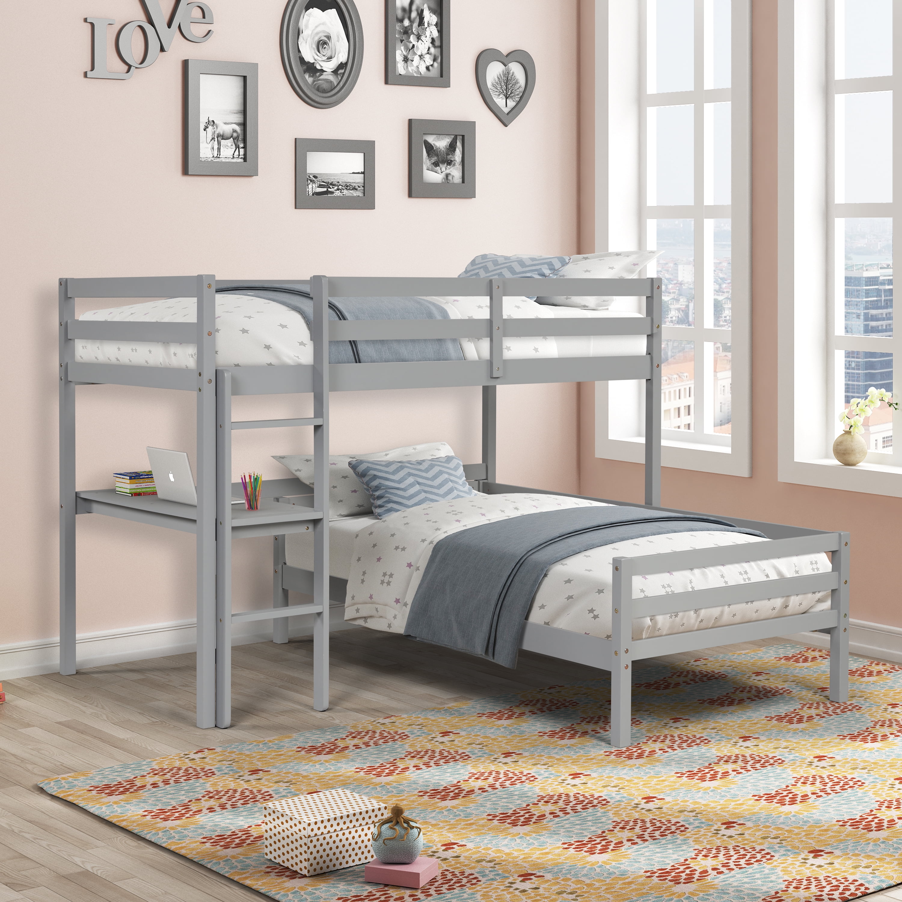 Twin Over Bunk Bed With Desk, Twin Over Twin Convertible Loft Bunk Bed