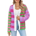 thumbnail image 2 of Womens Striped Cardigan Sweaters V Neck Open Front Button Up Color Block Fuzzy Loose Knit Coats Rose Red M, 2 of 8
