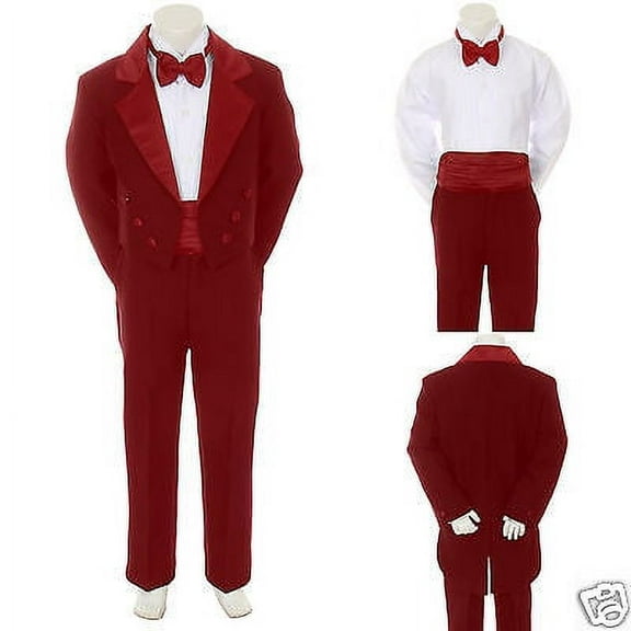 Baby Infant Toddler Boy Burgundy Bow Tie Wedding Formal Tail Tuxedo Suit sz S-4T