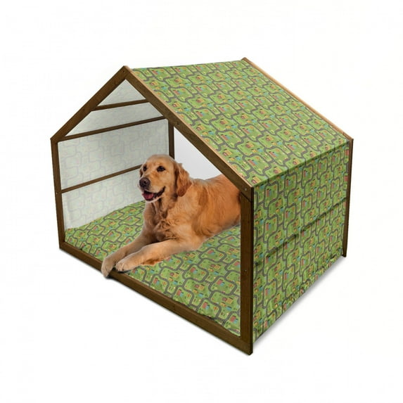 Car Race Track Pet House, Cartoon Style Illustration with Buildings Roadworks Activity, Outdoor & Indoor Portable Dog Kennel with Pillow and Cover, 5 Sizes, Multicolor, by Ambesonne