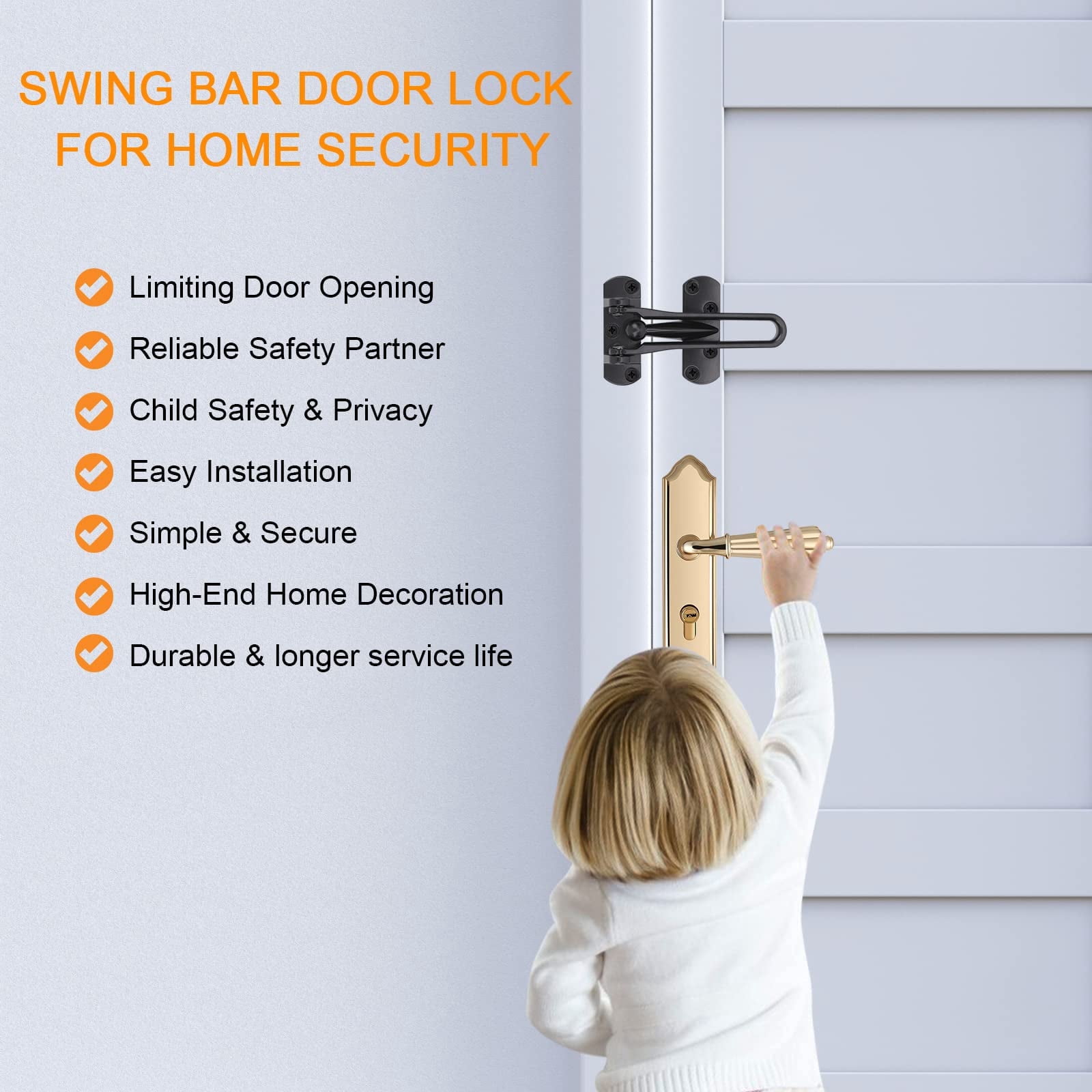 Swing Bar Door Lock Latch for Home Security, Door Latch Guard Clasp for Kids, Apartment Hotel Door Latches, Thicken Solid Zinc Alloy Hotel Reinforcement Door Latch for Swing-in Doors