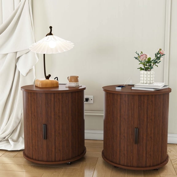2-Tier Round End Tables Living Room with USB Ports & Sliding Door, Walnut Side Table, Multi-Use Round End Table for Bedroom Entryway