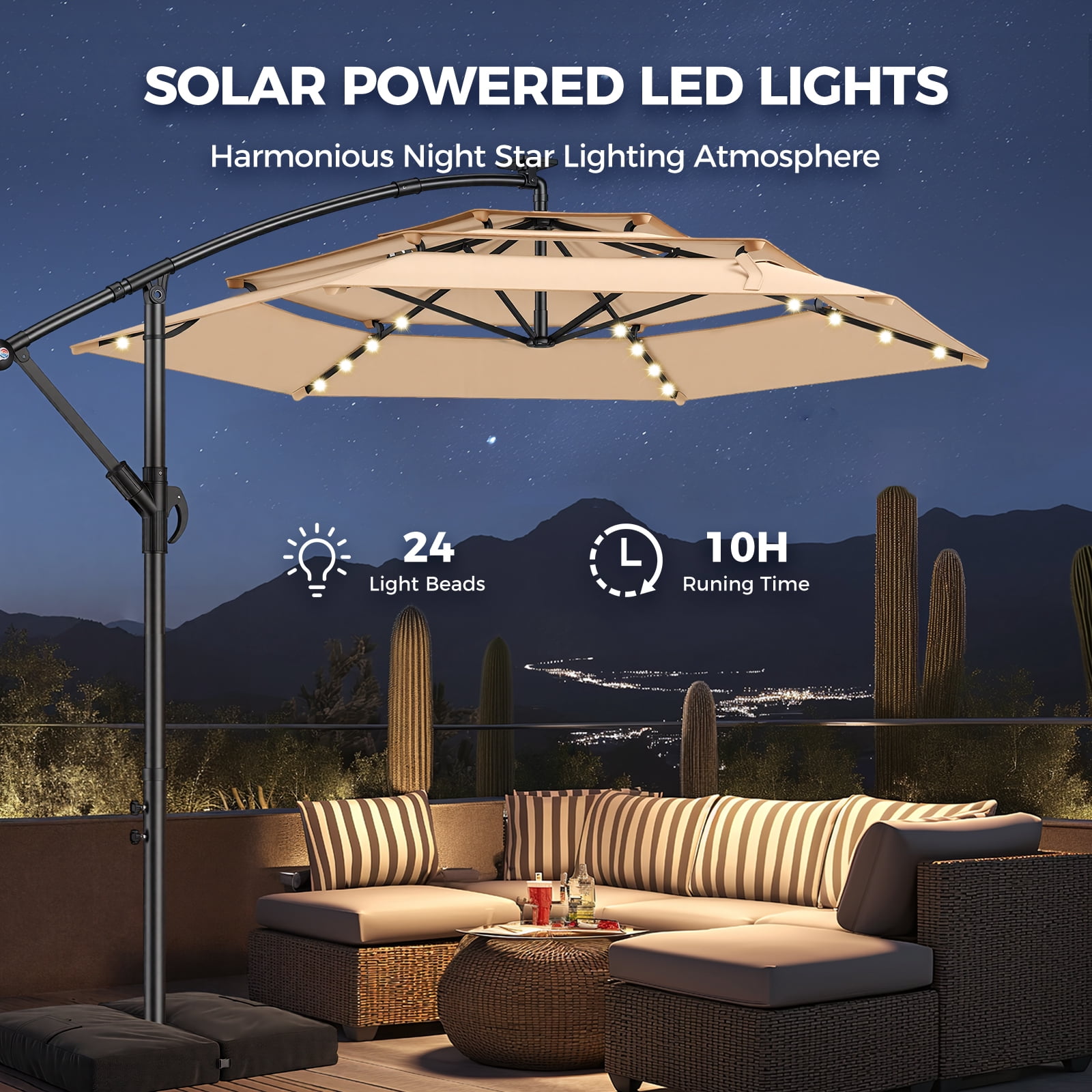 TASKBAY 10ft 3-Tiered Cantilever Patio Umbrella Solar LED Lighted, Hanging Offset Market Outdoor Sun Shade with Base Stand for Beach, Backyard, Deck, Poolside, Beige