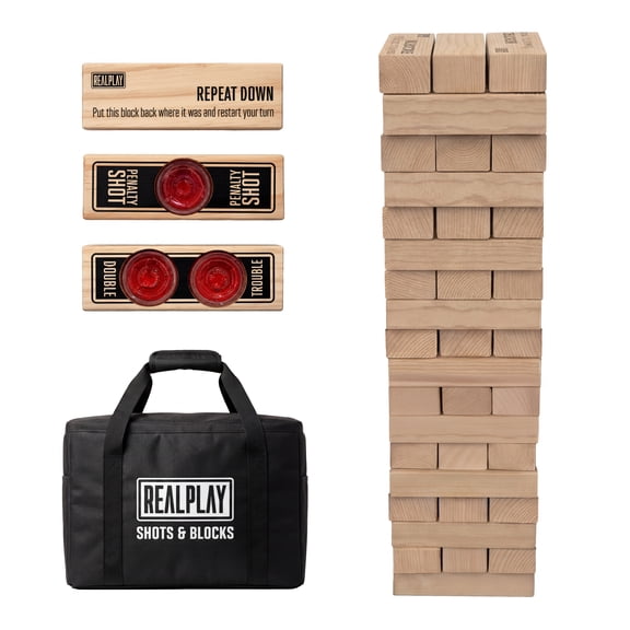 Realplay Shots and Blocks Tower Stacking Game, 27-Inch Party Game with Carry Bag
