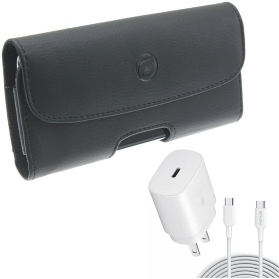 Holster Leather Case Belt Clip w 10ft USB-C Cable PD Type-C 25W Fast Home Charger for Acer Liquid Jade Primo - ASUS ROG Phone, ZenFone 6 - AT&T Fusion Z - BLU G9 Pro - BOLD N1 - CAT S62 Pro