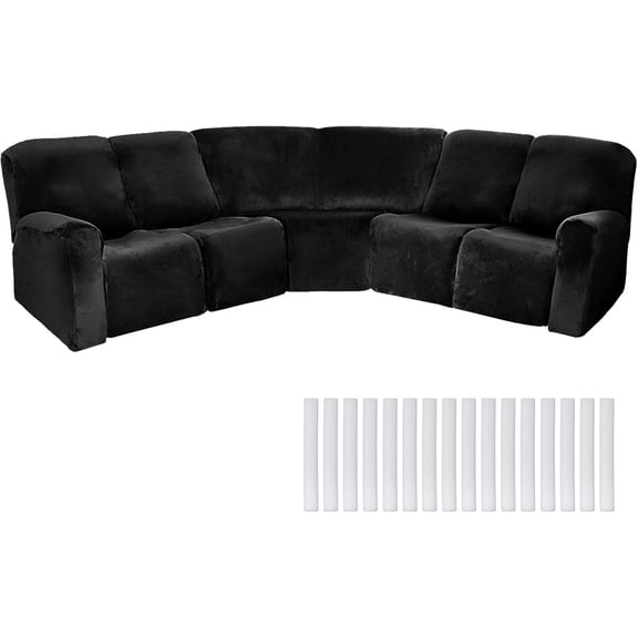 LL 7 Pcs L Shape Sectional Recliner Sofa Covers 5 Seat Sectional Couch Covers Milk Silk Velvet Stretch Reclining Sofa Slipcover Furniture Protector for Living Room(Black,Velvet)