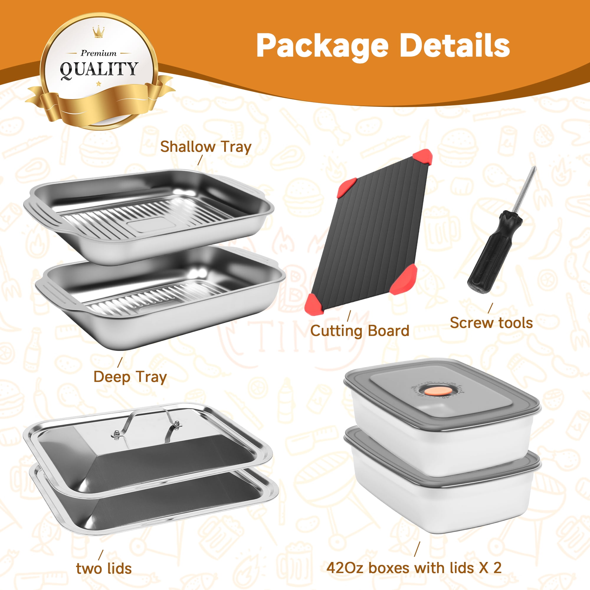 Grill Prep Trays Set Of 8, Stainless Steel Baking Pan with Lid, Grilling Prep and Serve Tays, Cookie Sheets, 2 Marinade Container With Lids, Cutting Board