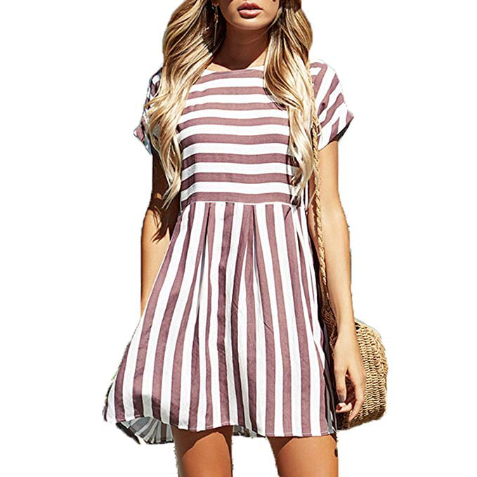 Fashion Women Off Shoulder Short Sleeves Stripes Pockets Casual Sweet Mini Dress
