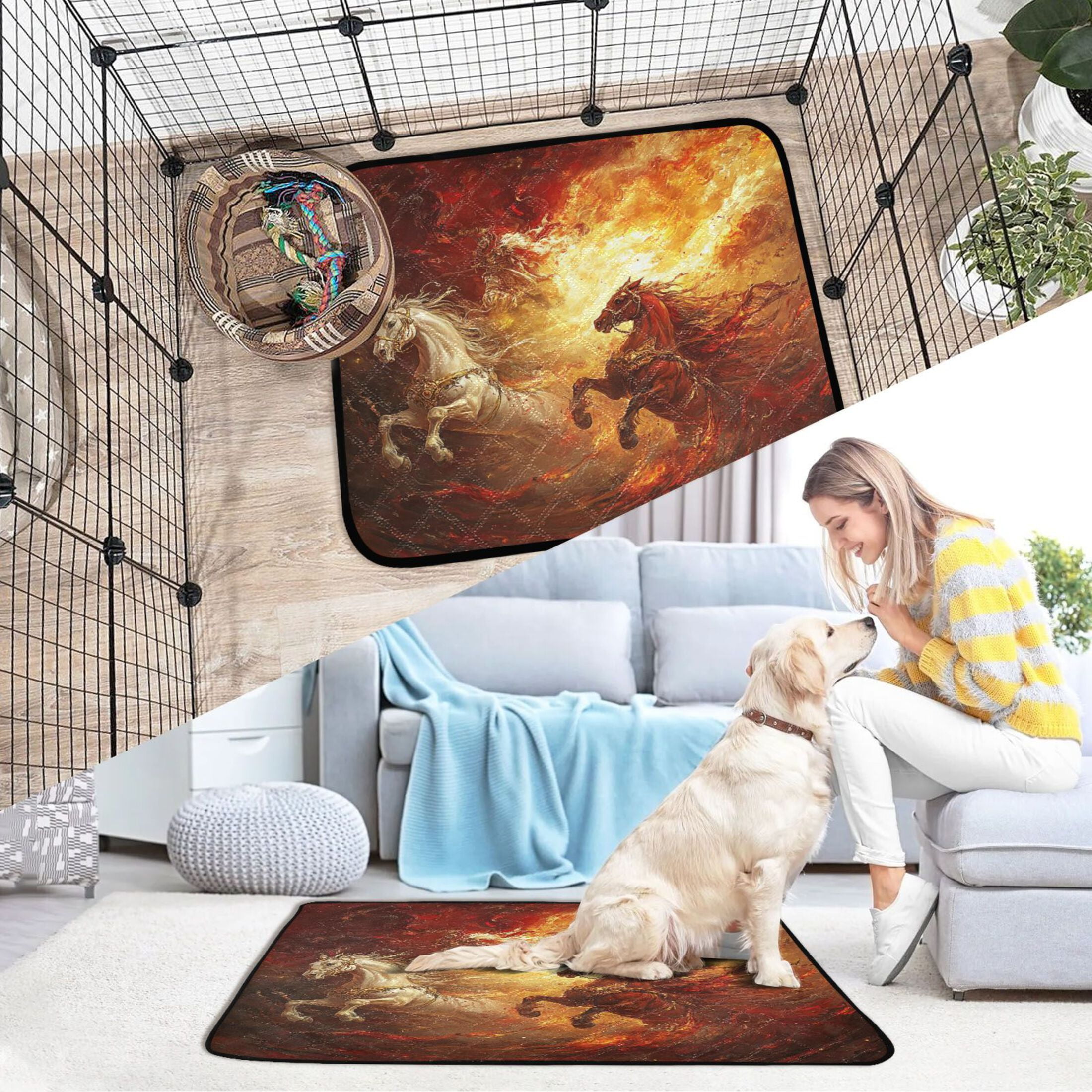 Qxltty Flaming War Horses Cat litter Pads Pet Set of 3 Diaper Mats Center Anti-leakage Layer Absorbent Soft and Comfortable