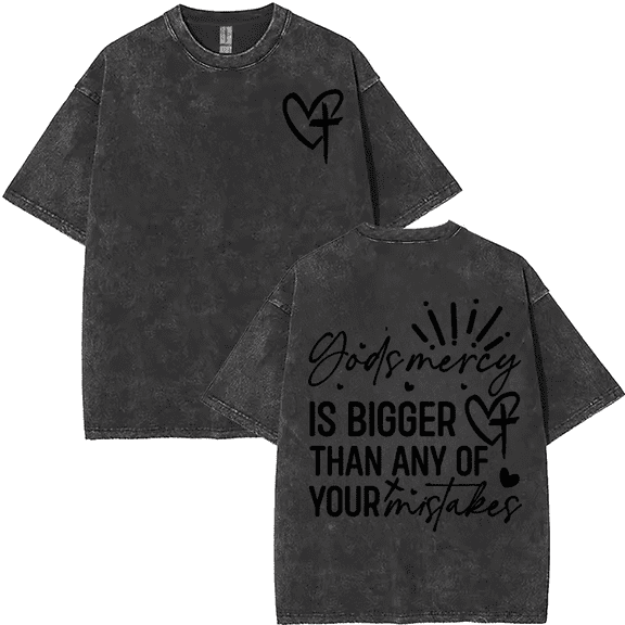 Black Washed Print Tshirt Graphic Tees God's Mercy Faith S-2XL Shirts Tops