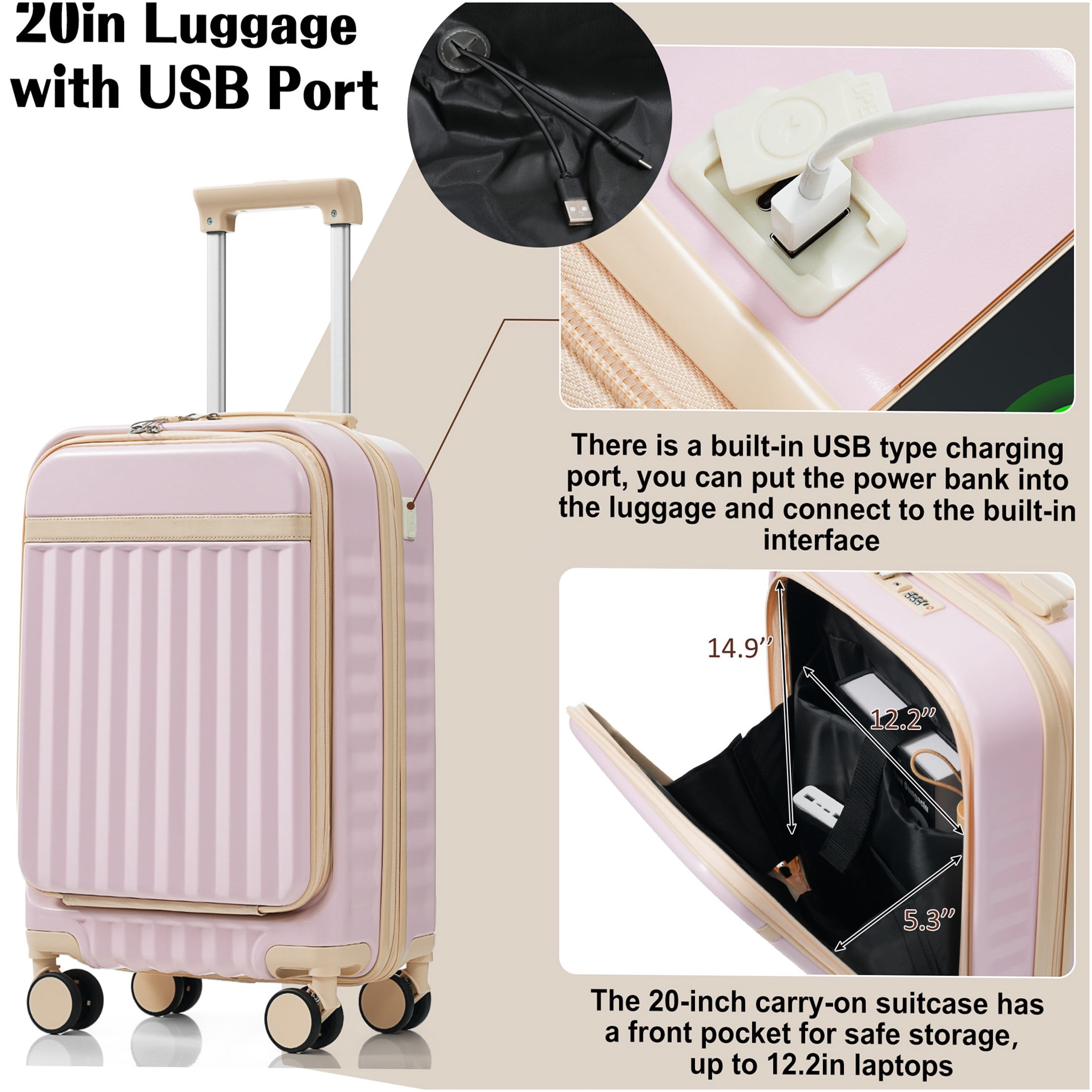 JERFIT 3-Piece Hard Shell Luggage Set with USB Port, TSA Lock & Spinner Wheels, Airline Approved Carry On Suitcase Set in Light Pink