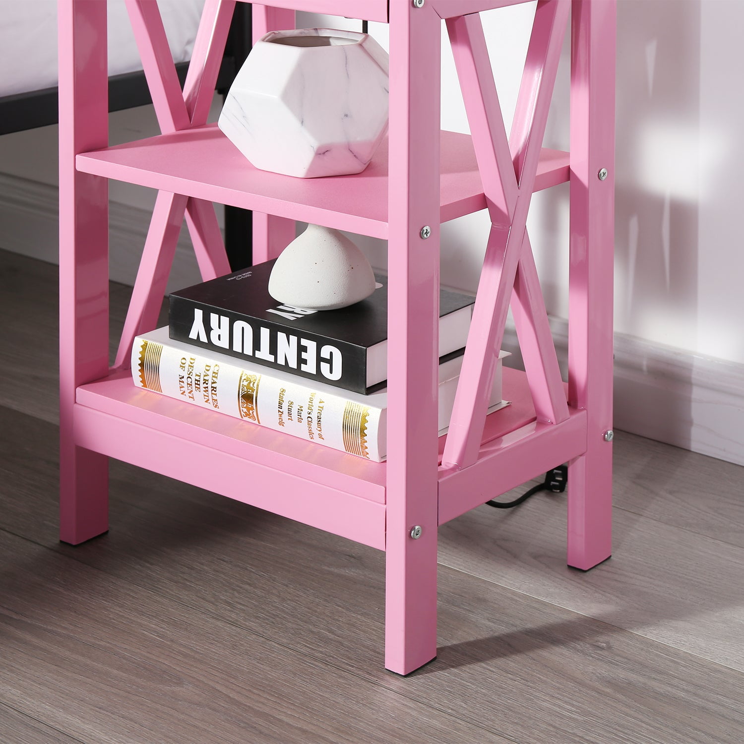 VECELO Set of 2 Nightstand with 3-Tier Shelves, X-Shaped Sofa Side End Table for Bedroom/Living Room/Office, Pink