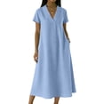 thumbnail image 3 of Laqbezok Women's Casual V-Neck Long Dress, Short Sleeve Solid Color Loose A-Line Gown, Soft Breathable Summer Dress with Side Pockets, 3 of 8