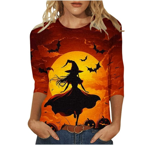 FDGIU Halloween Shirts for Women Ladies' Halloween Fashion Printed Round Neck Three Quarter Sleeve 3/4 Sleeve T-shirt Loose Top Spooky Season Graphic