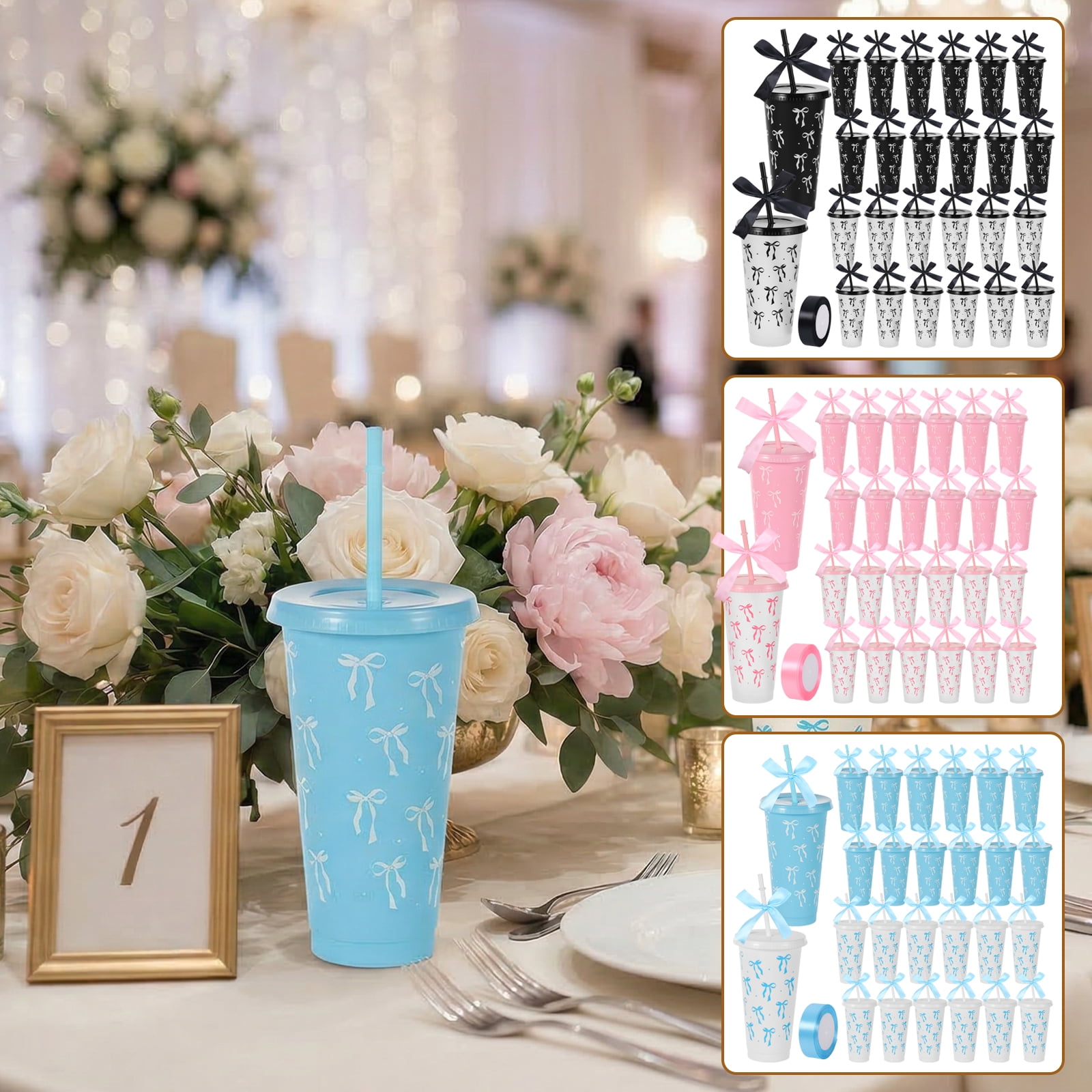 24 Pcs 24oz Bow Plastic Cup with Lid Straw and Ribbon Reusable Tumbler for Birthday Wedding Baby Shower Bridal Party Blue