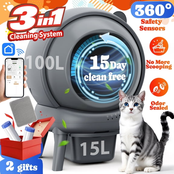 Self Cleaning Litter Box, 100 L 15L Automatic Cat Litter Box Self Cleaning for Multiple Cats, with Safety Protection, App Control,2 Roll Garbage Bags Cat litter mat
