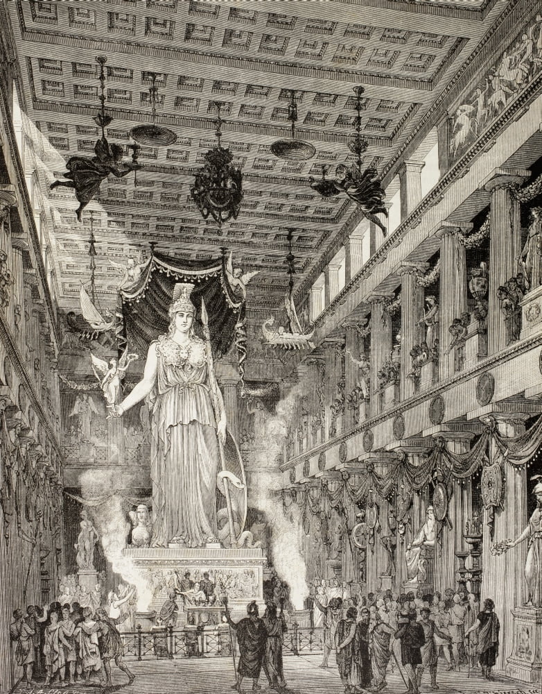 Artists Impression Of The Parthenon Athens Greece During The Classical Period Statue Of The Goddess Athena Centre From El Mundo Ilustrado Published Barcelona 1880 Canvas Art - Ken Welsh Design Pics (