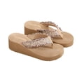 thumbnail image 2 of IEMIEMIEM Women's Cute Sandals 3D Floral Applique Woven Fabric Platform Wedge Flip Flops Thick Cushion Thong Sandals For Summer Beach Vacation Wear Beige 8 Wide, 2 of 5