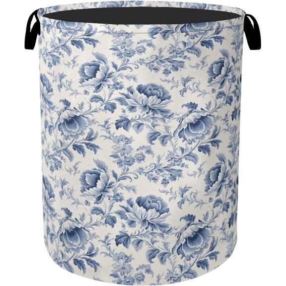 Navy Blue Floral Laundry Basket with Handles - Extra Large Foldable Hamper for Bathroom/Laundry/Bedroom/Dorm, Washable Fabric Storage Bin