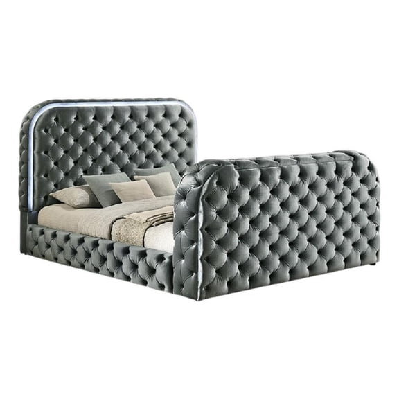 Kerie Queen Bed with LED Fireplace- Hidden Lift TV Stand- Gray Velvet