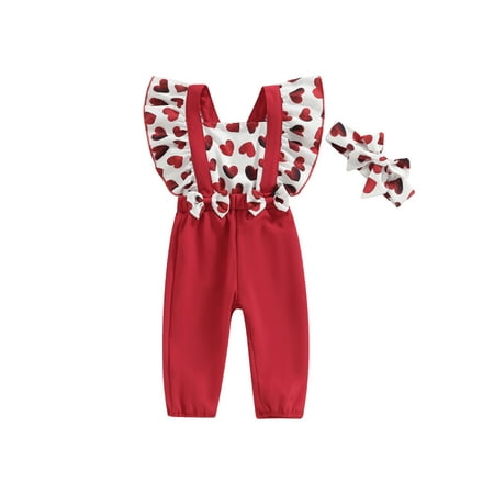 

Xkwyshop Newborn Baby Girl Valentine Jumpsuit Heart Print Fly Sleeve Romper Pants Headband Set Sweet Clothes Outfits 3-6 Months