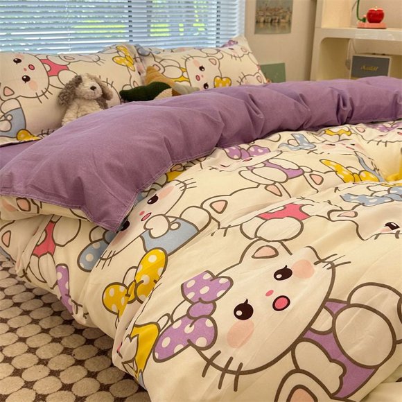 Cute Hello Kitty Sanrio Kawaii Bed Sheets Bedspread Anime Cartoon New My Melody Pure Cotton Four Piece Set Chiffon Toys