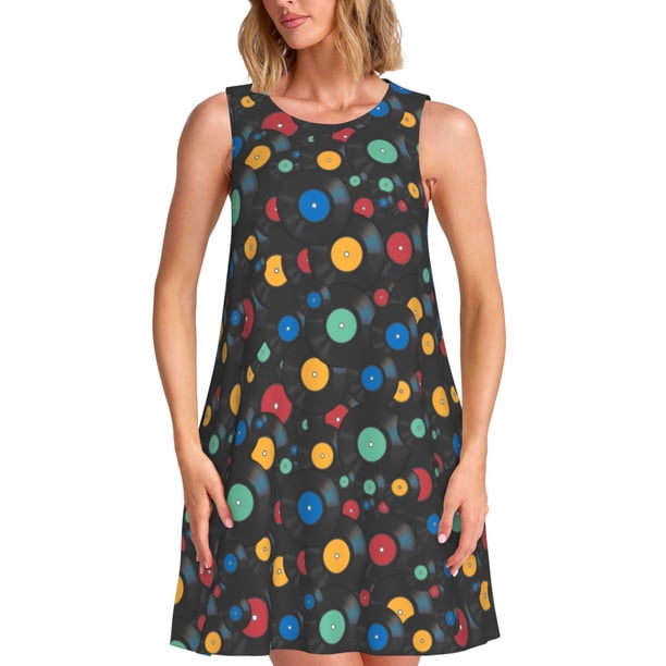 Easygdp Vintage Records para Vestido Transpirable de Mujer, Vestido Suelto de Manga Corta con Pliegues y Bolsillos para el Verano
