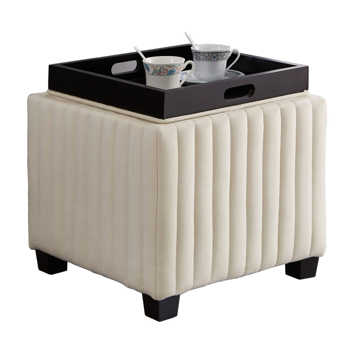 18 Inch Beige Square Cube Storage Ottoman Bench with Coffee Tray for Living Room and Bedroom