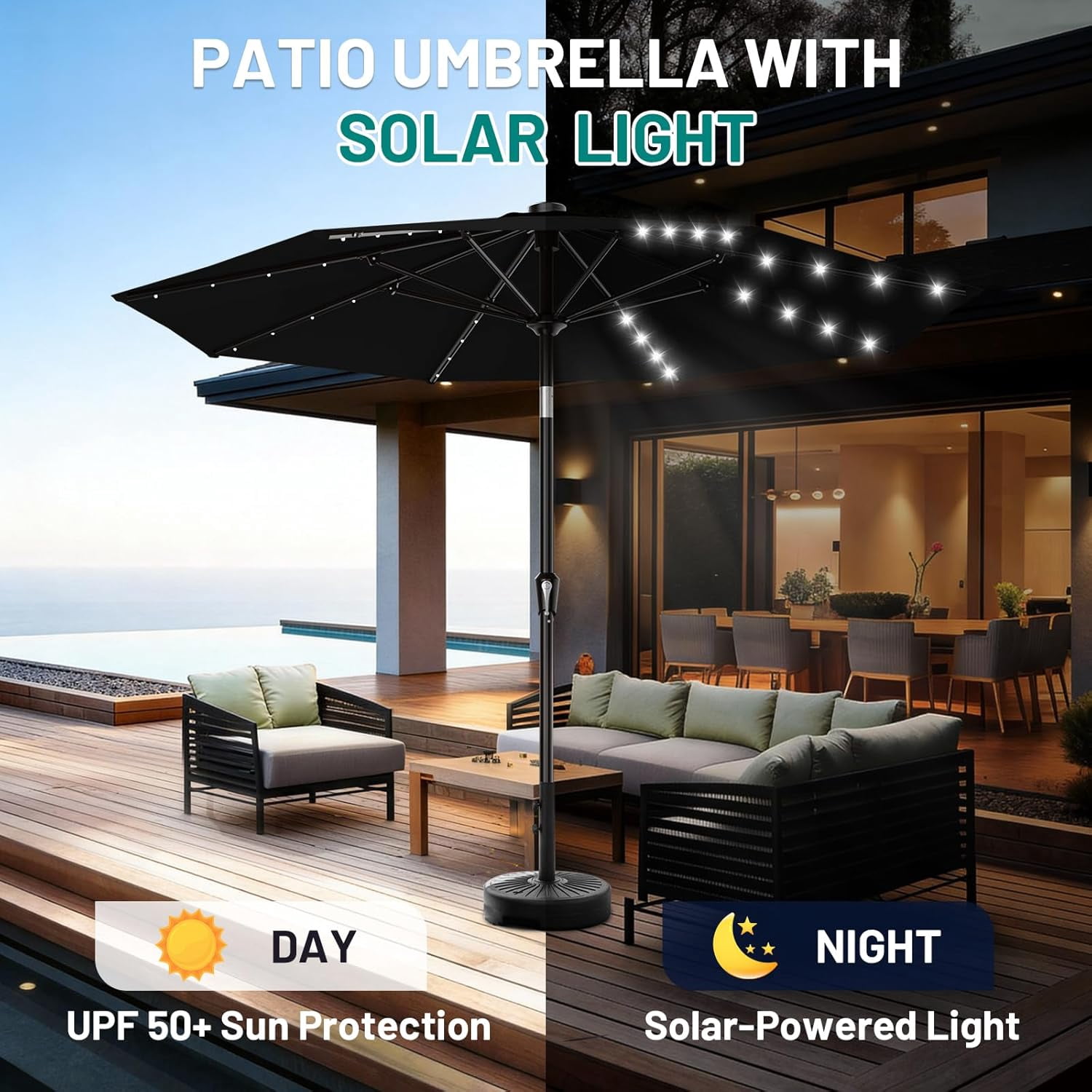 9FT Patio Umbrella with Solar Lights, 32 Lighted Pool Umbrella w/Tilt and Crank, Outdoor Market Solar Umbrellas for Garden, Deck, Backyard, Pool and Beach, Black